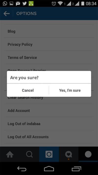Tap on yes I am Sure in Instagram App on Android