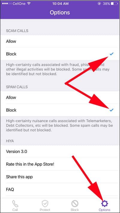 Slect Block Spam Calls from Options Menu