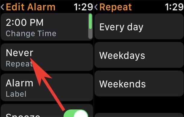 Change Repeat Alarm in Clock App on Apple Watch