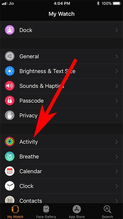 Tap on Activity App in Watch App on iPhone