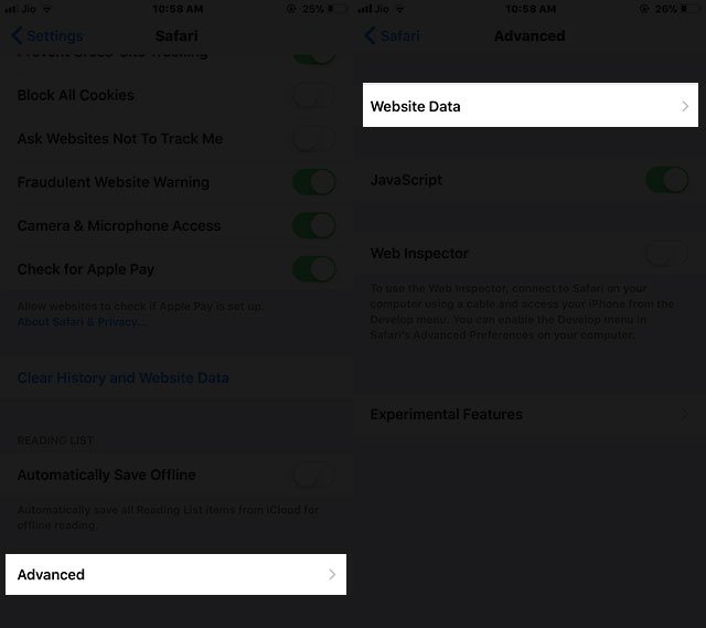Tap on Advanced and Website Data