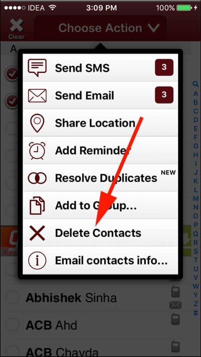 Tap on Delete Contacts