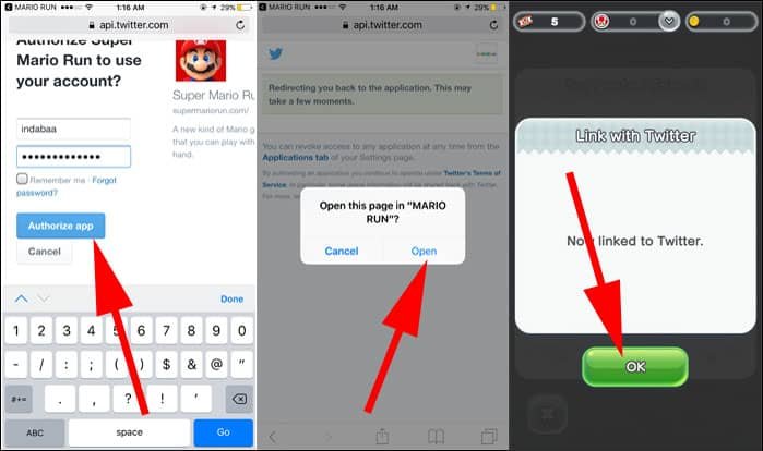 Authorize Twitter in Super Mario Run Game on iPhone