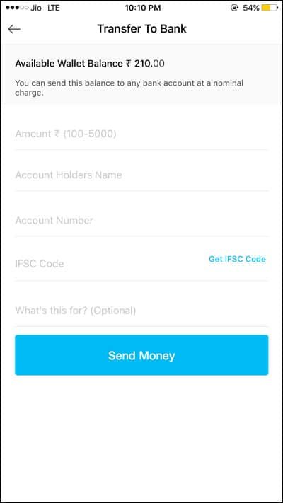 Enter Account Details to transfer Money to Bank Account