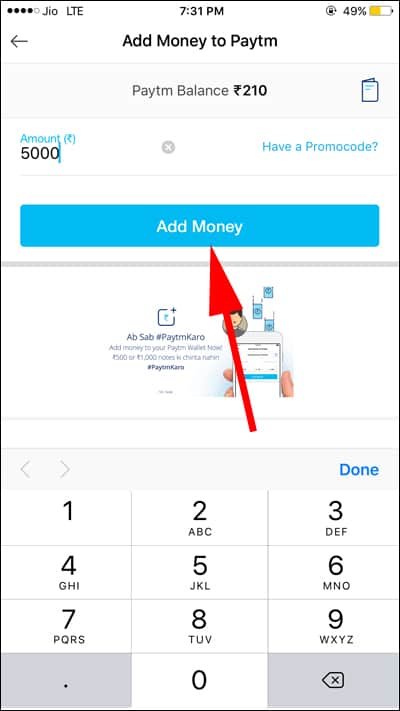 Enter Amount to Add Money in Paytm