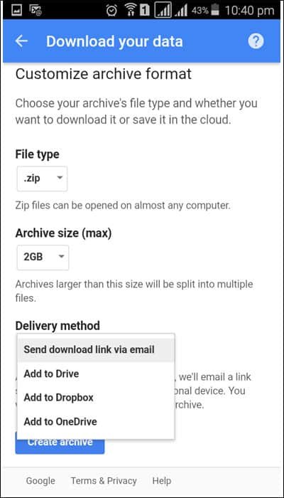 Select Size File Type and Download Option