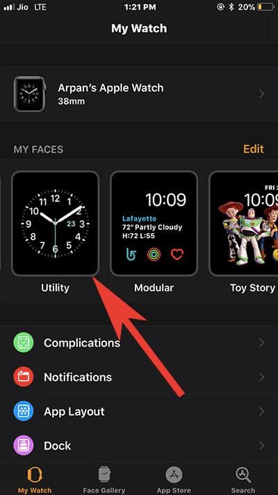 Tap on Watch Face in Watch App on iPhone