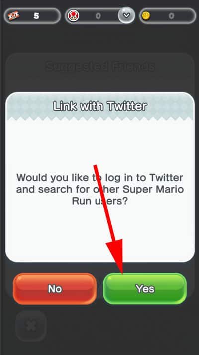 Tap on Yes to Confirm Linking Twitter With Super Mario