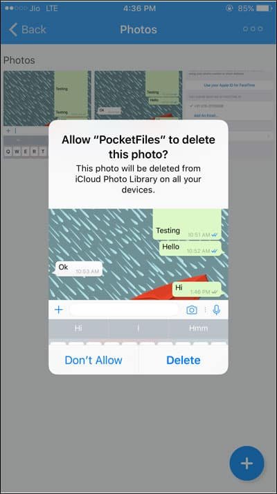 After importing photos to pocket files app you can also delete photos from icloud library