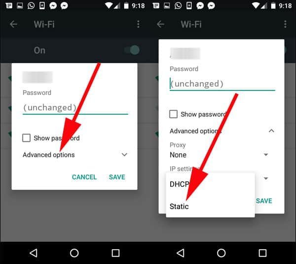 Tap on Advanced options and choose IP settings as Static