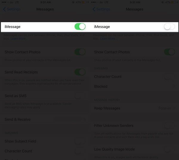 Toggle Off iMessage