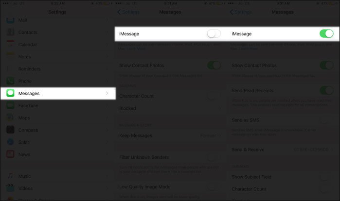 Toggle iMessage ON and Off