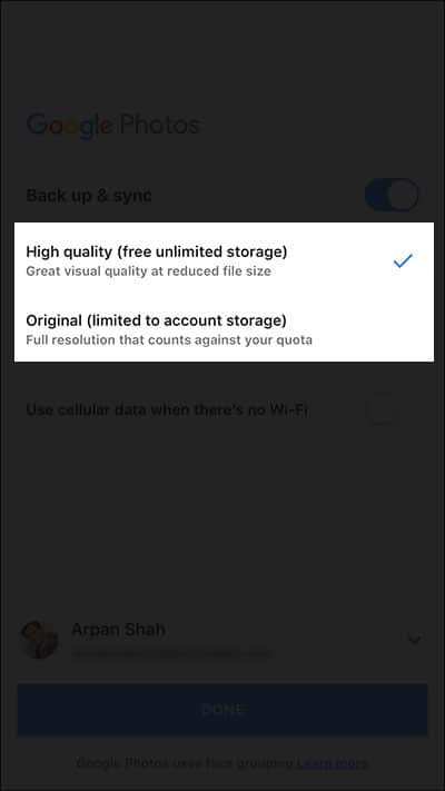 Choose High Quality Option in Google Photos App on iPhone