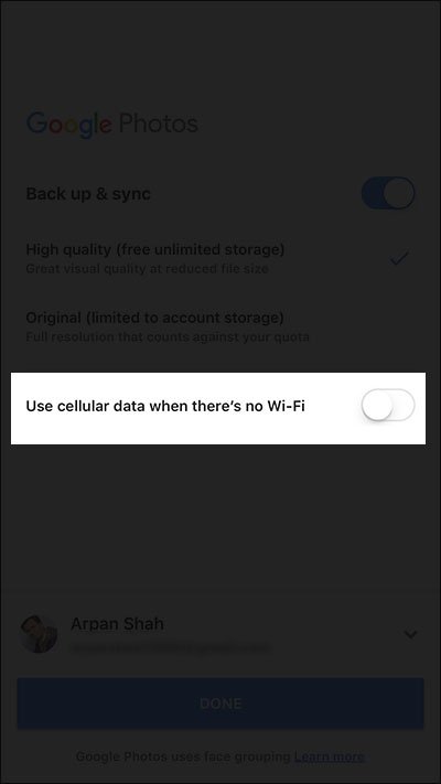 Turn Off Backup When Cellular Data is ON in Google Photos App on iPhone