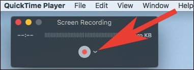 Click on the arrow seen next to the record button in QuickTime Player