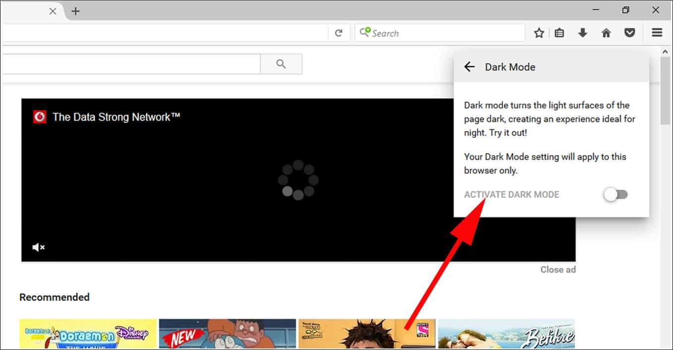 Toggle on Activate Dark Mode on Firefox
