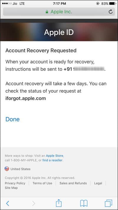 Account Recovery Request Message Tap on Done