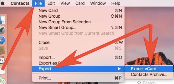 Click on File then go to Export and Export vCard