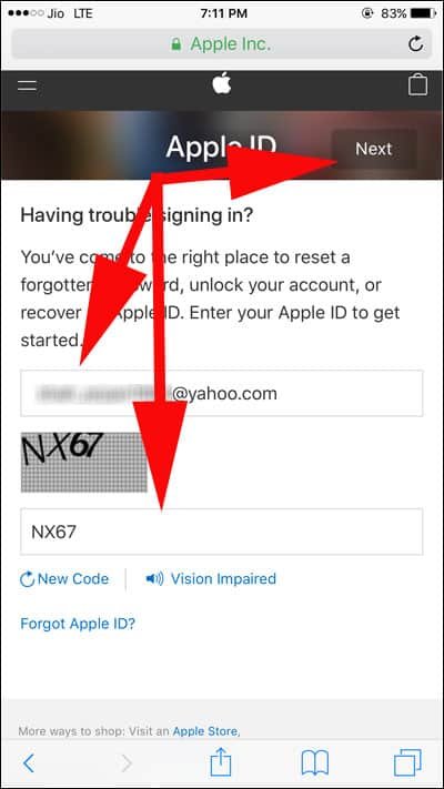 Enter Apple ID and Captacha and Tap on Next