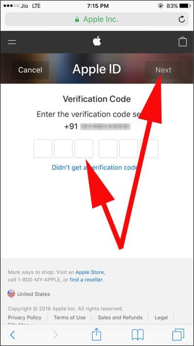 Enter Verification Code and Tap on Next