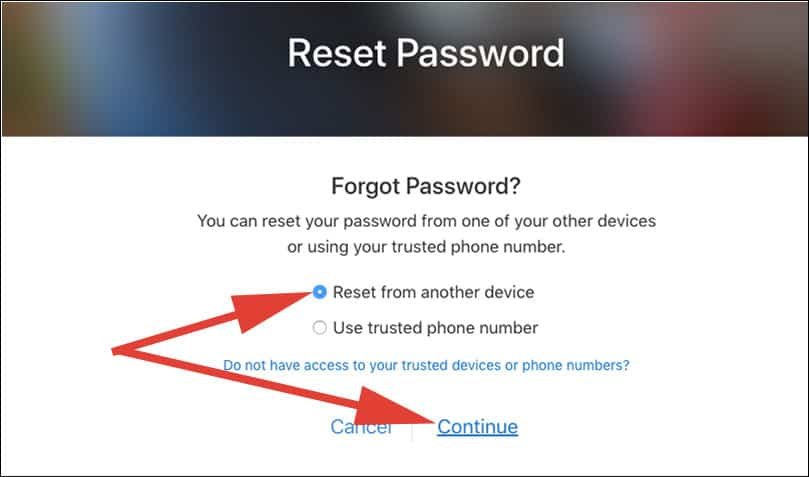 Select Reset from another device and click on continue