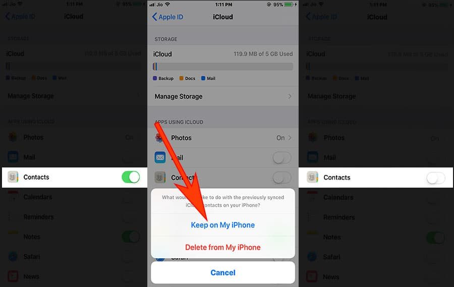 Toggle OFF Contacts and tap onTap on Keep on My iPhone