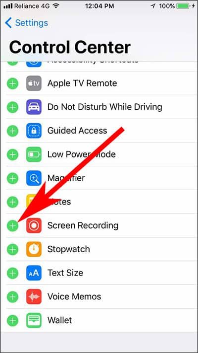 Tap on Plus Sign to Add Screen Recording Option