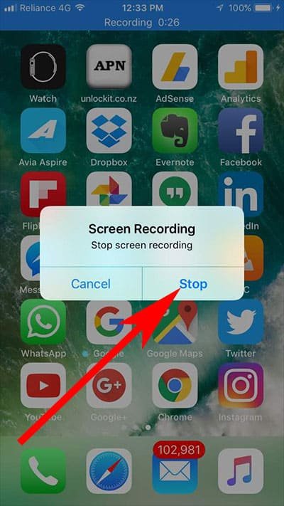 Tap on Stop to Stop Recording Screen