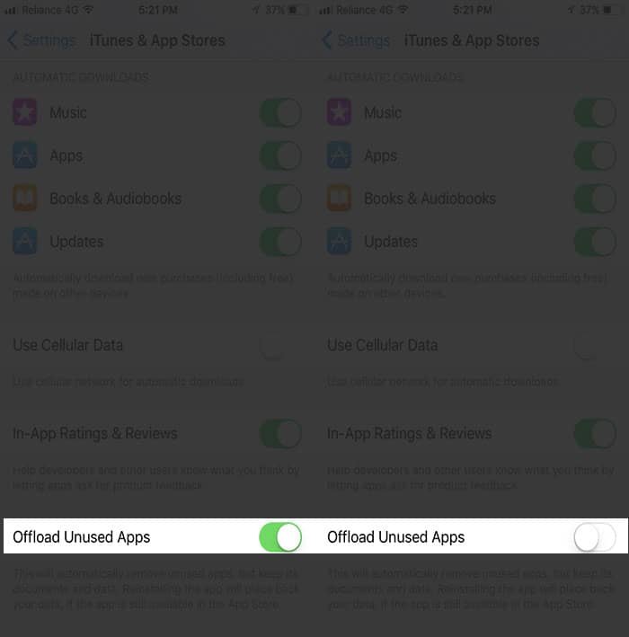 Toggle Off Offload Unused App