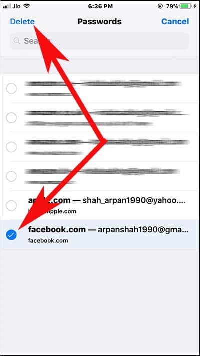 Select Website or App and tap on delete