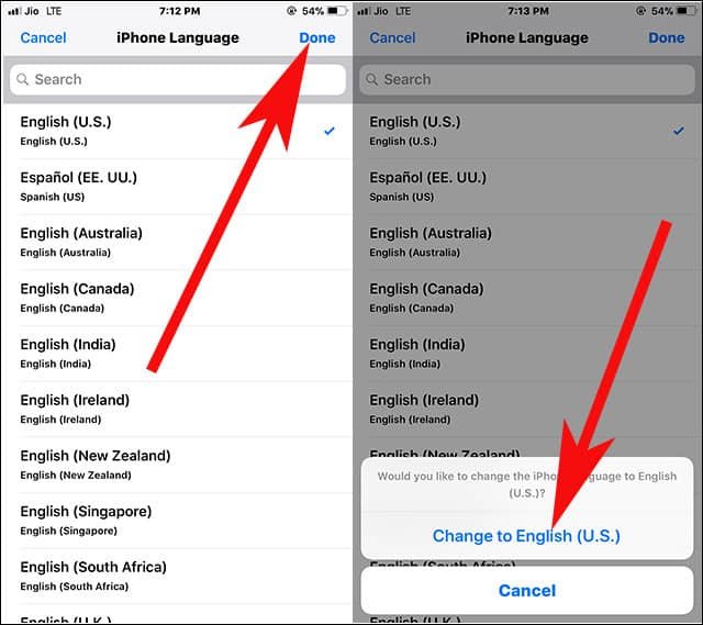 Tap on Done and then tap on Chnage to English US