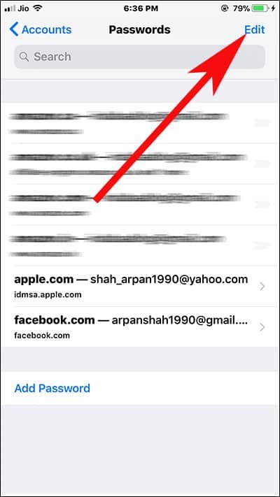 Tap on Edit to Delete Saved Username and Password of Particular Website or App