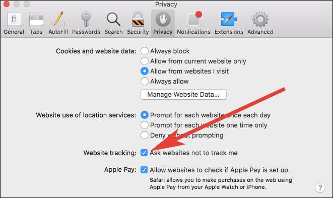 Find website tracking and tick on the box next to Ask websites not to track me