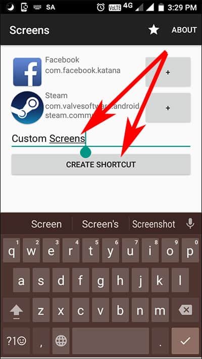 Give a shortcut name and tap on screen shortcut