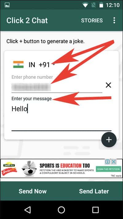 Select Country Code Enter Mobile Number and Type your Message