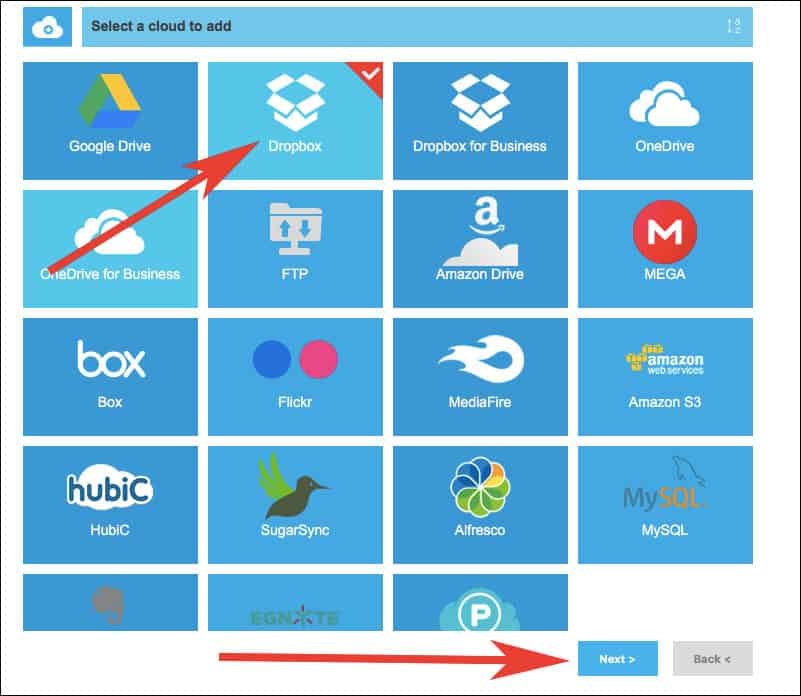 Select Dropbox and click on next