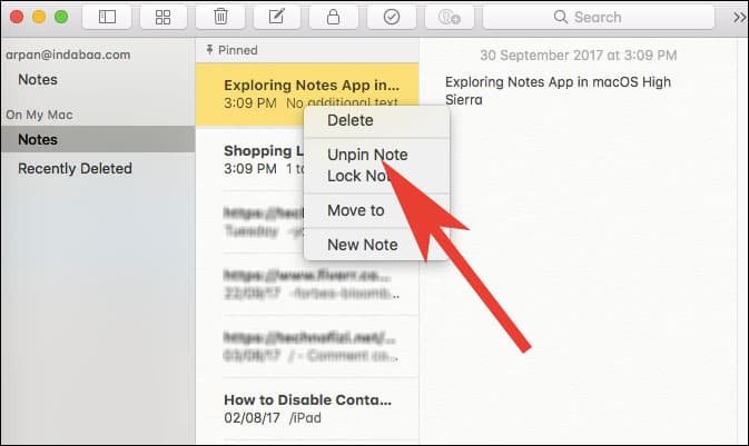 Right Click to UNPin Notes on macOS High Sierra.jpgs
