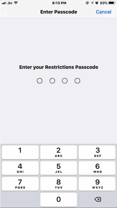 Enter Restrictions Passcode