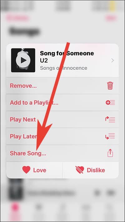 Long Press on Song to Use 3D Share and tap on Share Song from Apple Music