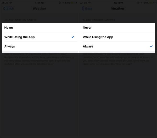 Choose Always for Weather App on iPhone and iPad