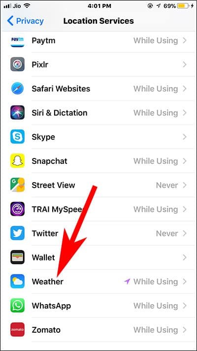 Choose Weather App from List of Location Services on iPhone