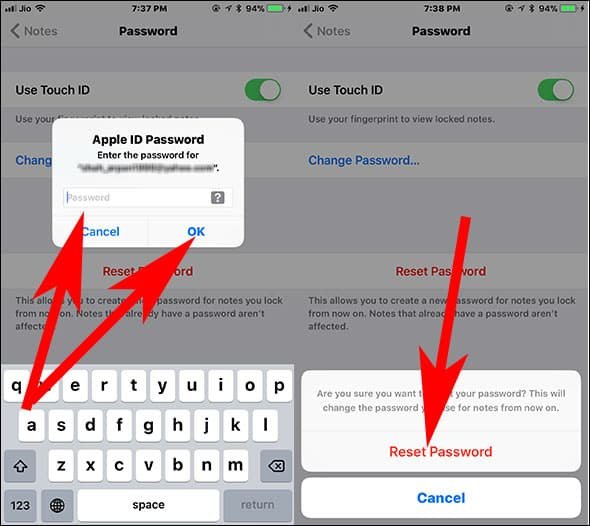 Enter Apple ID Password and Tap on Reset to Confirm your action of Resetting Notes Lock Password