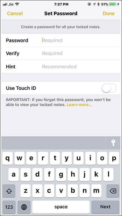 Enter Passcode and Hint for Notes on iPhone and iPad