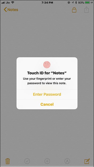 Enter Password or Use Touch ID to open Locked iPhone or iPad Note