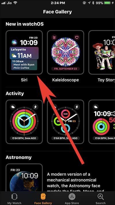 Choose Siri Watch Face in Watch App on iPhone