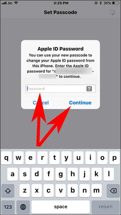 Enter Apple ID Password and Tap on Continue to Set Passcode on iPhone and iPad