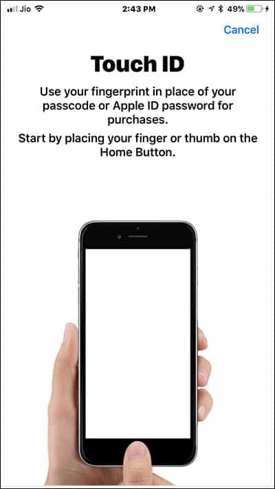 Place your Finger gently on iPhone Home Button to Setup Touch ID