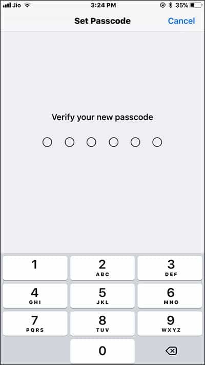 Re-enter Six digit iPhone Password to Verify