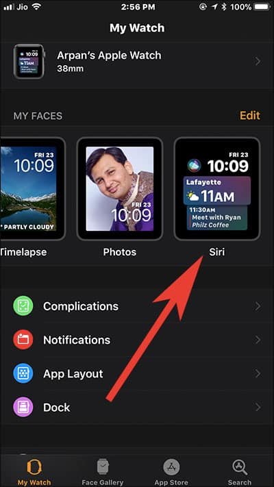 Select Siri Watch Face in Watch App on iPhone