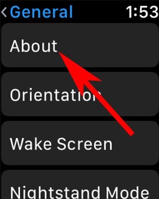 Tap on About in Apple watch Settings